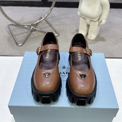 PRADA 25S PLATFORM MARY JANE SHOES IN BROWN CALFSKIN