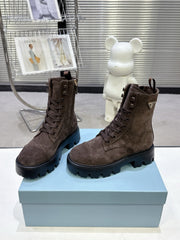 PRADA 25S WARRIOR BOOTS IN DARK BROWN SUEDE