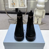 PRADA 25S RETRO PLATFORM MARTIN ANKLE BOOTS IN BLACK SUEDE