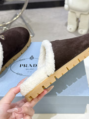 PRADA 25S FUR-LINED MULES IN DARK BROWN SUEDE