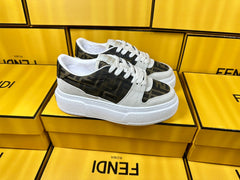 FENDI THICK-SOLDED SNEAKER IN WHITE SUEDE AND BROWN MONOGRAM FABRIC