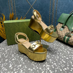 GG HORSEBIT PLATFORM SANDAL METALLIC GOLD CALFSKIN