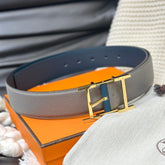 HM HADRIEN 38MM REVERSIBLE BELT GREY AND BLUE LEATHER GOLD BUCKLE