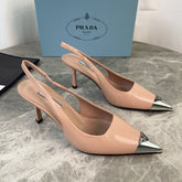 PRADA 25S METAL-TOE SLINGBACK PUMPS IN WARM BEIGE CALFSKIN