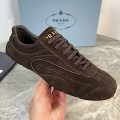 PRADA 25S MONTECARLO ANTIQUED SNEAKERS IN DARK BROWN SUEDE