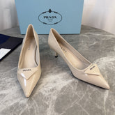 PRADA 25S POINTED-TOE HIGH HEELS 55 MM IN BEIGE GLOSSY LAMBSKIN
