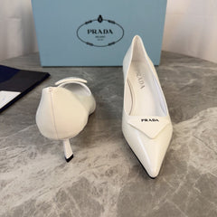 PRADA 25S POINTED-TOE HIGH HEELS 55 MM IN WHITE GLOSSY LAMBSKIN