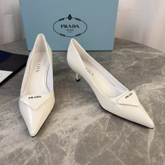 PRADA 25S POINTED-TOE HIGH HEELS 55 MM IN WHITE GLOSSY LAMBSKIN