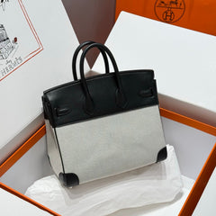 QUADRILLE BIRKIN 25CM IN BLACK SWIFT CALFSKIN WHITE TOILE CANVAS