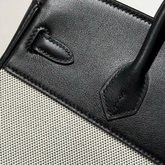 QUADRILLE BIRKIN 25CM IN BLACK SWIFT CALFSKIN WHITE TOILE CANVAS