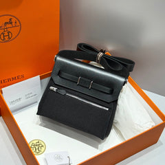 HERMES 25S MINI HERBAG 20 IN FULL BLACK CANVAS SILVER HARDWARE
