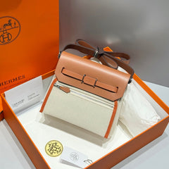HERMES 25S MINI HERBAG 20 IN BEIGE AND BROWN CANVAS SILVER HARDWARE