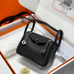 HERMES 25S MINI LINDY 19 IN BLACK CALFSKIN SILVER HARDWARE