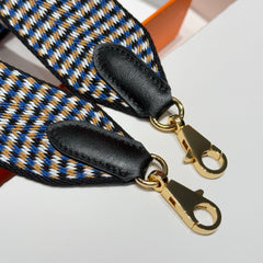 25S HERMES BAG STRAP BLUE PATTERN BORDERED BLACK 85 IN CANVAS GOLD HARDWARE