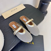 ALAIA FLAT MULES 25S IN GREY MIX GOLD WOVEN MESH