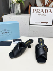 PRA CROSS MULE HEELS IN BLACK CALFSKIN WITH PADDED STRAPS