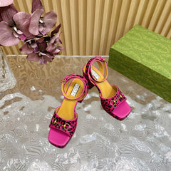 HORSEBIT HIGH-HEEL SANDAL WITH LEOPARD PRINT IN MAGENTA PINK VELVET AND CALFSKIN LINING