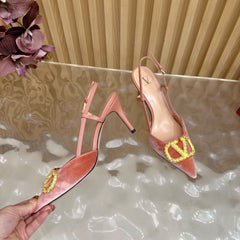 VALENTINO 25S HIGH-HEEL SLINGBACKS IN ORANGE VELVET WITH GOLD HARDWARE