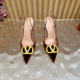 VALENTINO 25S HIGH-HEEL SLINGBACKS IN DARK BROWN VELVET WITH GOLD HARDWARE