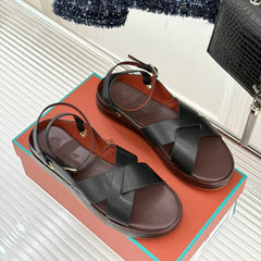 SANDALS THICK SOLE CROSS STRAP IN WHITE AND BROWN CALFSKIN