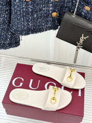 SLIDE SANDALS IN WHITE CALFSKIN WITH GOLD HARDWARE