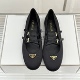 PRADA 25S DOUBLE STRAP BALLERINAS IN BLACK SATIN
