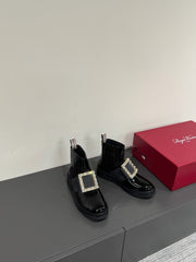VIV' RANGERS CHELSEA BOOTIES IN GLOSSY BLACK CALFSKIN CRYSTAL BUCKLE