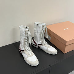 LACE-UP BOOTS IN BEIGE SUEDE AND WHITE MESH