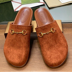 GG HORSEBIT MULE IN BURNT ORANGE EMBOSSED SUEDE AND SHEEPSKIN LINING