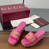 HIGH 6.3 CM WEDGE SANDALS IN PINK CALFSKIN AND FABRIC