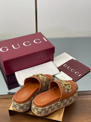 HIGH 5.5 CM WEDGE SANDALS IN BURNT BROWN MIX BEIGE CALFSKIN AND FABRIC