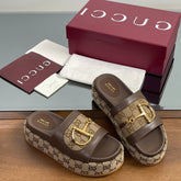 HIGH 5.5 CM WEDGE SANDALS IN BROWN MIX BEIGE CALFSKIN AND FABRIC