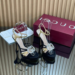 GUCCI 26S HIGH-HEELED SANDALS 125 MM IN BLACK SATIN AND GOLD CALFSKIN