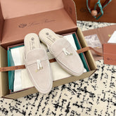 Loro Piana Light Grey White Suede Charms Walk Flat Mules