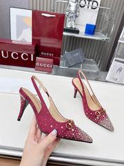 HORSEBIT SLINGBACKS IN CHERRY RED MONOGRAM FABRIC WITH CRYSTALS