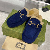 HORSEBIT MULE IN ROYAL BLUE SUEDE AND FLEECE LINING