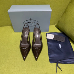 PRADA 25S SLINGBACK HIGH HEELS 75 MM IN DARK RED BROWN GLOSSY CALFSKIN