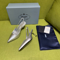 PRADA 25S SLINGBACK HIGH HEELS 75 MM IN SILVER SHEEPSKIN