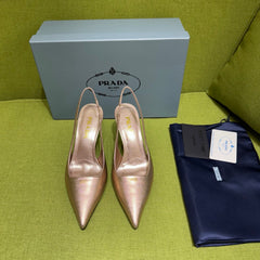 PRADA 25S SLINGBACK HIGH HEELS 75 MM IN ROSE GOLD SHEEPSKIN