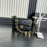 SMALL FLAP BAG 21 IN BLACK CALFSKIN GOLD DOUBLE C THICK CHAIN