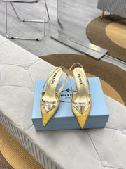PRADA 25S TRIANGLE LOGO SLINGBACK PUMPS IN GOLD MESH FABRIC