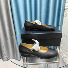 MARY JANE SHOES BLACK SHEEPSKIN WITH WHITE BOW