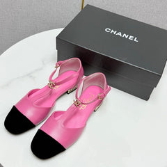 CC MARY JANE 25S IN PINK LAMBSKIN AND BLACK SUEDE WITH PEARL HEEL