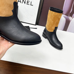 CHANEL 25S MID-CALF BOOTS 35MM IN BLACK CALFSKIN AND CARAMEL SUEDE GOLD HARDWRE