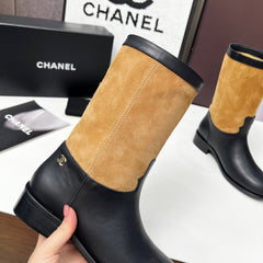 CHANEL 25S MID-CALF BOOTS 35MM IN BLACK CALFSKIN AND CARAMEL SUEDE GOLD HARDWRE