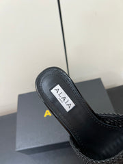 ALAIA HIGH HEEL 25S 70 MM IN BLACK LAMBSKIN WITH WOVEN PATTERN