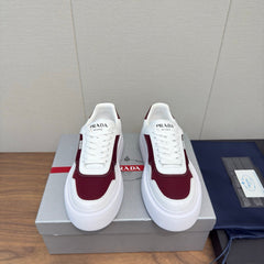 PRADA 25S DOWNTOWN BOLD SNEAKERS 45MM IN WHITE AND BURGUNDY CALFSKIN