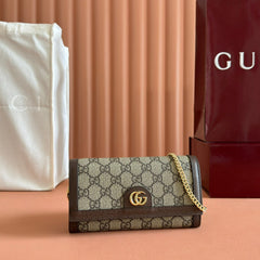 OPHIDIA WALLET ON CHAIN 19 IN BEIGE AND DARK BROWN COATED FABRIC AND CALFSKIN