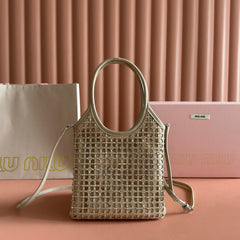 MIUMIU 26S CRYSTAL TOTE 24 BAG IN DARK BEIGE CALFSKIN