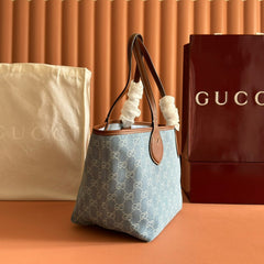 GUCCI 25S TOTISSIMA LARGE TOTE 22 CM IN BLUE DENIM AND BROWN CALFSKIN